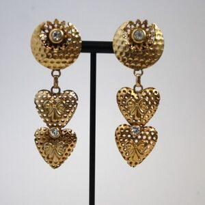 1980s Vintage Clip-on Dangle Earrings: Goldtone Hearts, Rhinestones